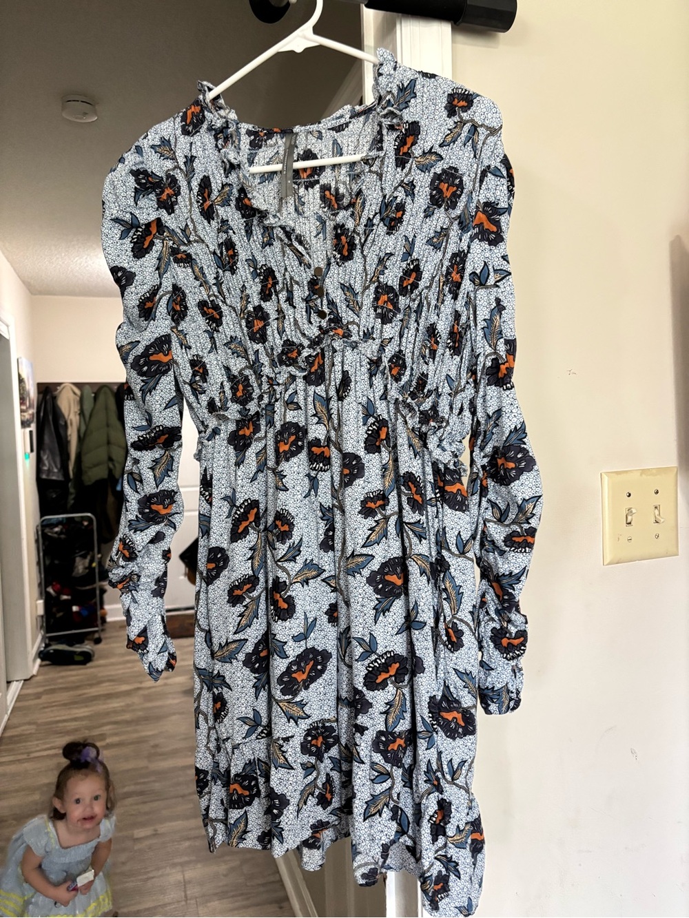 Anthropologie Light Blue Floral Long-Sleeve Dress with Navy & Orange Accents
